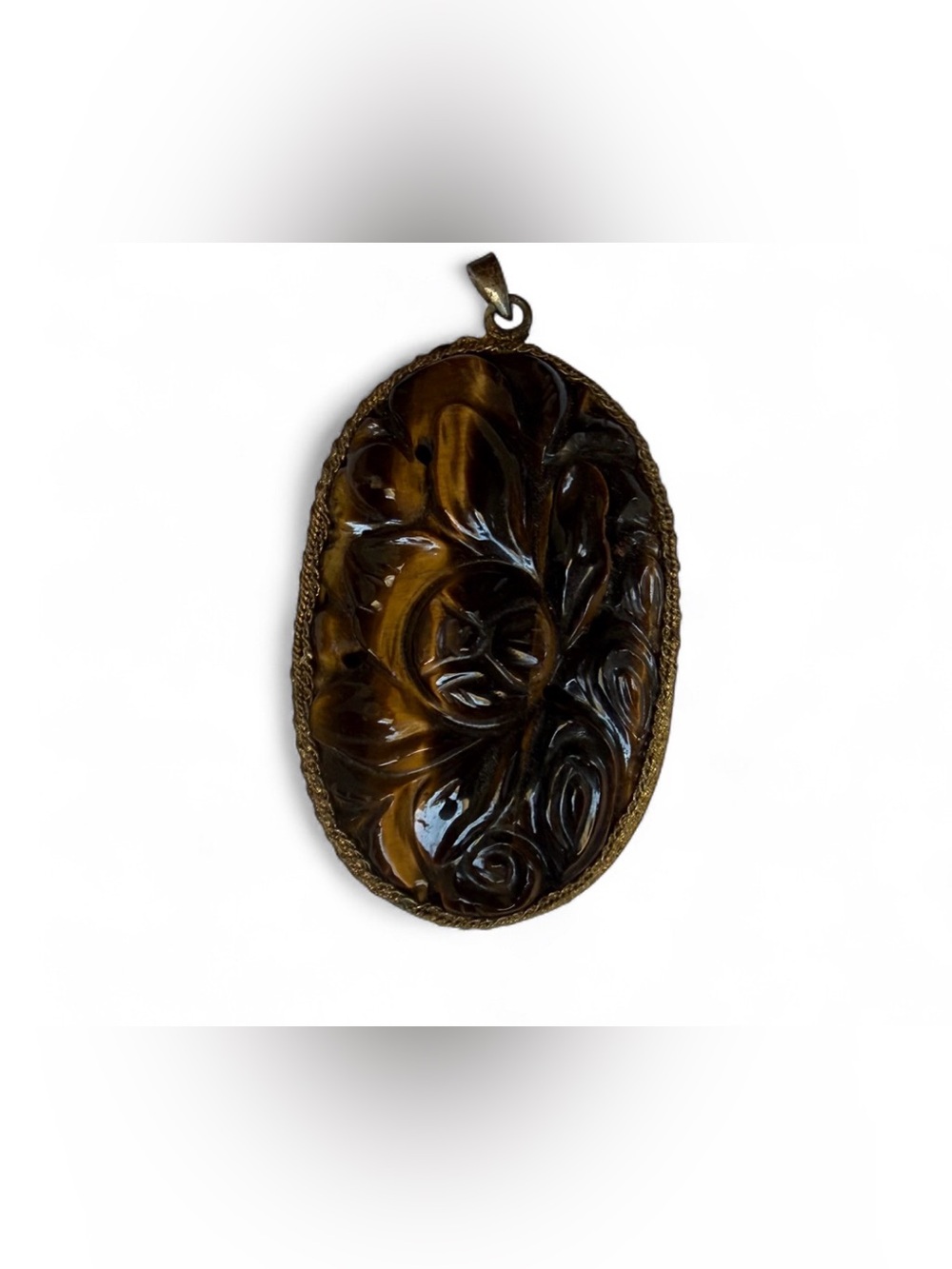 Vtg carved tiger's eye floral pendant blossom design gold-tone brown boho